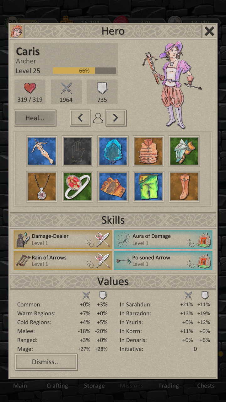 Heroes and Merchants combat and character progression screenshot