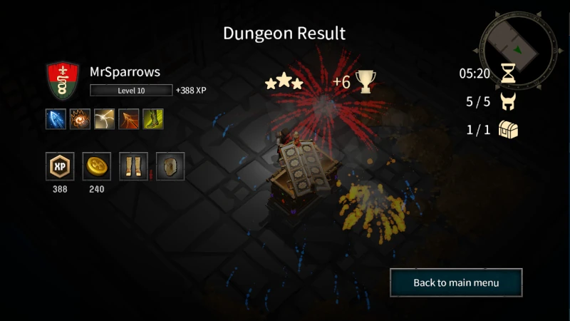 Tormentis - loot screen after sucessfully raiding a dungeon